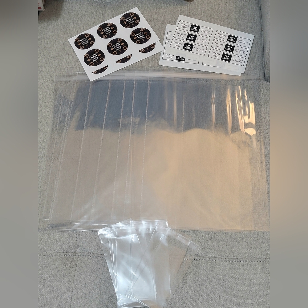Packaging Supplies Bundle - 20 Total Poly Clears & 24 Total  Designer Stickers